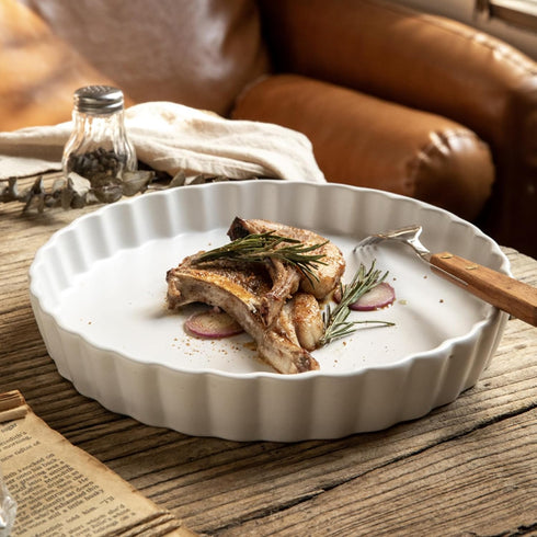 FEOOWV White Round Porcelain Quiche Pan, Non-Stick Baking Dish for Tart Pies, Dishwasher and Oven Safe (9 inch)