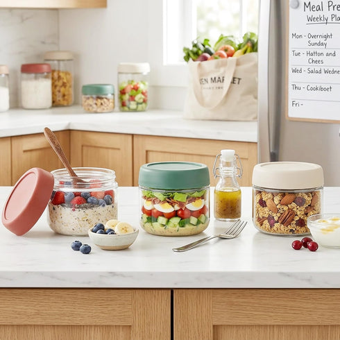 Povinmos 3Pack Lids,10oz Overnight Oats Containers with Glass Jar with Scew Lid,Salad Dressing Fruit Veggies Sauce