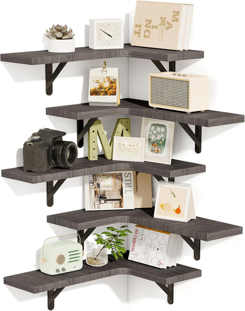 Fixwal Set of 5 Corner Floating Shelves, Rustic Wood Wall Mounted Shelf for Bathroom, Kitchen, Bedroom, Home Decor