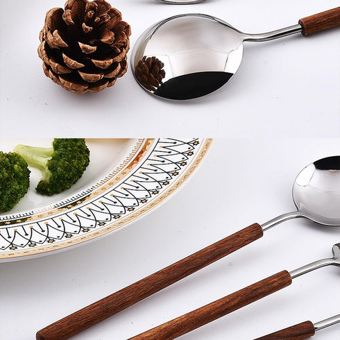 Retro Wooden Handle Spoon Set - 4 Pcs Stainless Steel Serving Tablespoons, Wooden Dinner Spoon, Silver Silverware with