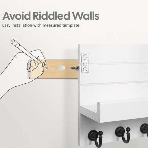 Key Holder for Wall, Easy Installation Mail Organizer with 5 Sturdy Hooks for Kitchen and Entryway Decor - White