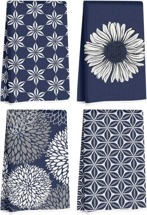 Hanamiya Na 4 Pcs Blue Flower Artistic Kitchen Towels, Blue Flower Absorbent Tea Hand