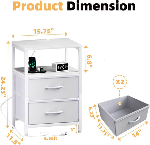 Simple Trending Side End Table with Charging Station, Tall Nightstand Bedside Table with Fabric Drawers for Living