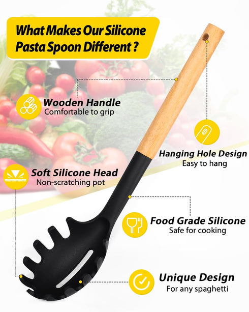 Pack 2 of Spaghetti Spoon, Silicone Pasta Fork with Wooden Handle, Heat Resistant Noodle Spoon Server, BPA Free