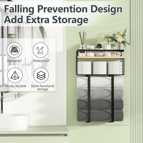 Bathroom Towel Racks, Metal Towel Holder with Storage Basket, Wall Rack for Rolled Towels, Small Bathroom Shelves.