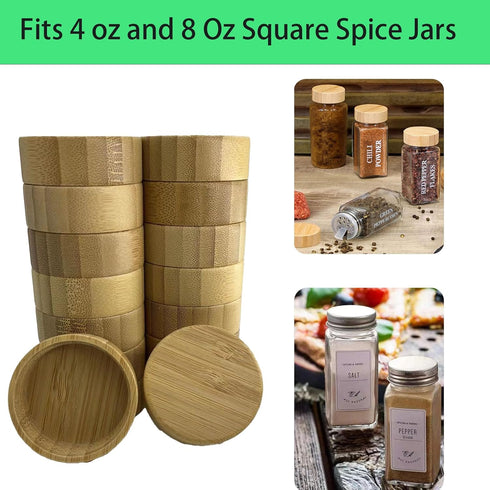 Spice Jar Lids for 4 Oz and 8 Oz Square Spice Jars - Bamboo Jar Lids for Kitchen Organization (16 Pcs)