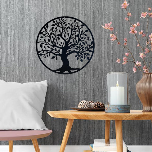 Yetaha Tree of Life Metal Wall Art - 11in x 11in Black Contemporary Iron Artwork Decor for Home and Garden