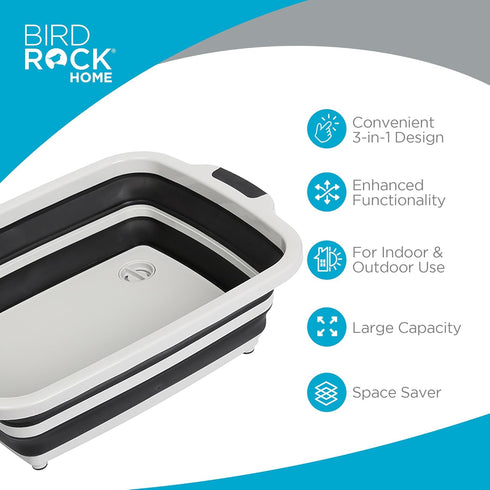 BIRDROCK HOME Collapsible Large BBQ Prep Tub with Cutting Board, Multi-Function Grill Caddy with Colander & Lid - Black