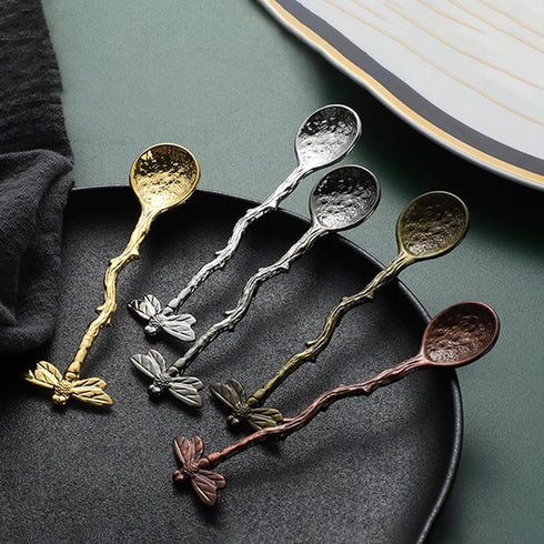 Gold Retro Dragonfly Spoon, Stainless Steel Coffee Spoon, Creative Sugar Spoon, Long Handle Spoon for Kitchen Dining