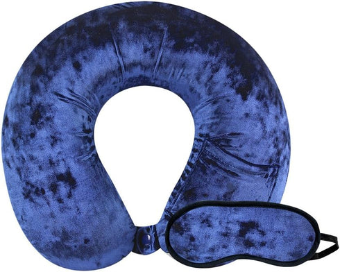 Cloudz Crushed Velvet Ultra Premium Comforlite Memory Foam Travel Neck Pillow with Black Out Sleep Mask - Blue