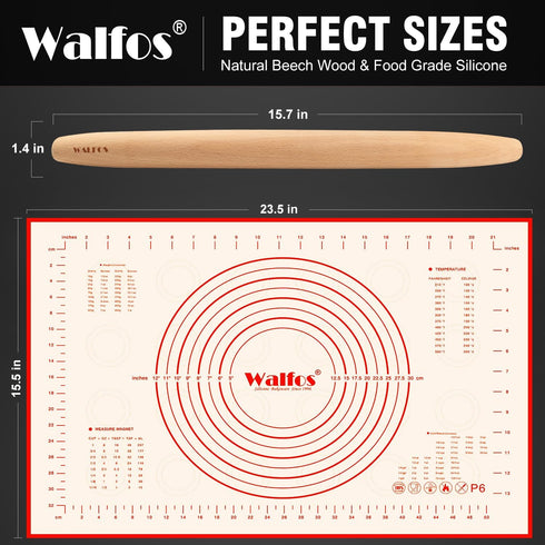 WALFOS French Rolling Pin and Silicone Baking Mat Set - Non-Stick Beech Wood Rolling Pin 15.7 Inch for Baking