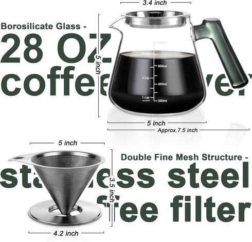 Aquach Pour Over Coffee Maker, 828ml (28oz) Glass Coffee Server, Paperless Dripper, Stainless Steel Set