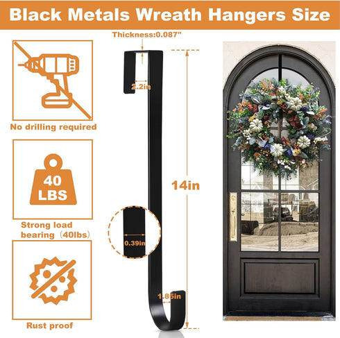PECULA 2 Pack 14” Wreath Hangers for Front Door, Wreath Door Hanger 40lb Load-bearing, Metal Wreath Hanger for Welcome Sign, Door Wreath Hanger for Christmas Halloween Easter Decoration (Black)