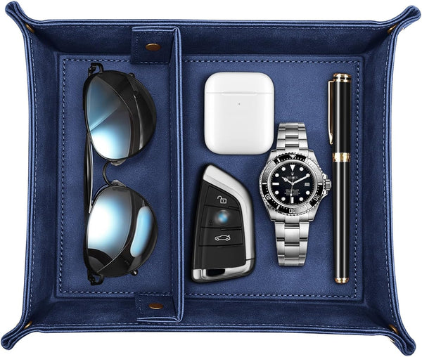 SITHON Dark Blue Valet Tray Organizer, Removable 2 Compartment Catchall Tray for Bedside, Vanity, Nightstand