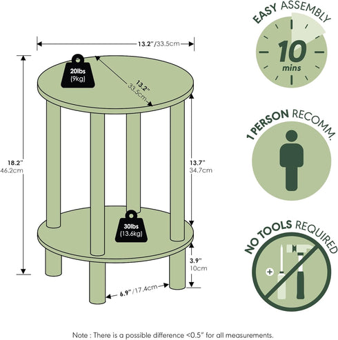 2-Tier Furinno Turn-N-Tube Side Table, Round End Table, Toolless Assembly Night Stand, Bedside Table with Open Shelf