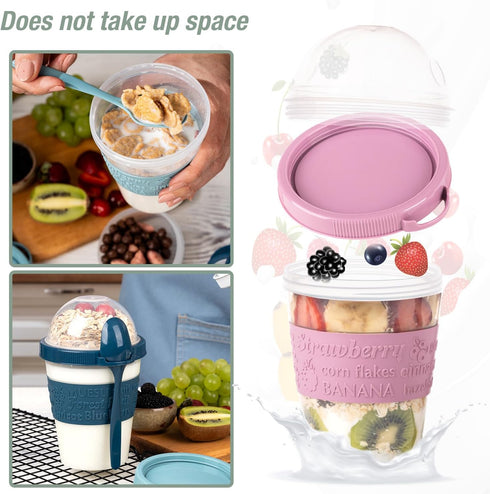 4 Pack Reusable On The Go Yogurt Parfait Cups, Breakfast Plastic Containers with Lids and Spoons, Perfect Jars