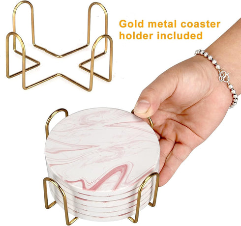 Set 6 Pack Cute Pink Marble Coasters of Stone Coffee Table Decor Absorbent Ceramic Cup Coaster with Holder Decorative