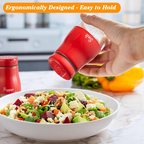 Bivvclaz Red Salt and Pepper Shakers Set, 5 oz Dispenser with Glass Bottom, Cute Kitchen Decor and Accessories