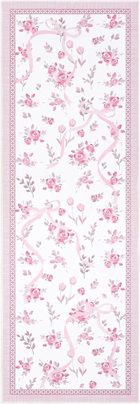 2x6 GarveeHome Runners for Hallways Non Slip, Kitchen Runner Rug Pink and White Bow Rugs for Bedroom Girls, Low Pile