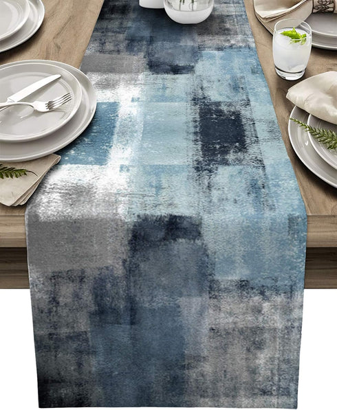 Dusty Blue Table Runner, 72 Inches Long, Grey Abstract Art for Farmhouse Kitchen Dining Table Decor