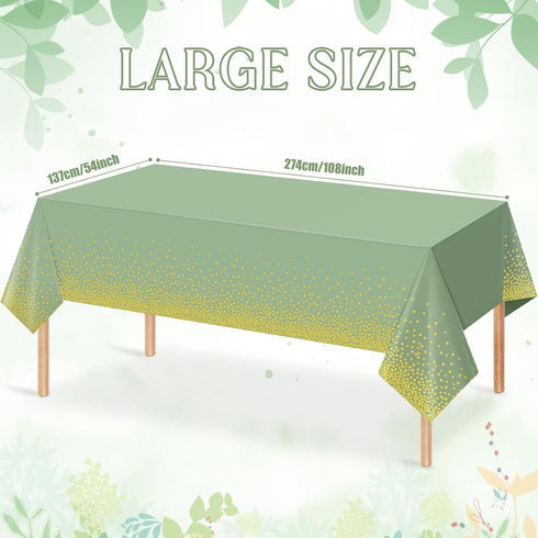 1 Pack 54"x108" FunnyPars Sage Green and Gold Plastic Tablecloth, Green Disposable Table Cloth for Rectangle Tables