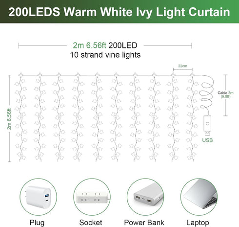 6.5ft 6.5ft 200 8 A.bigwhale Vines Lights for Bedroom, x Ivy Garland with LED Vine Artificial Fairy Lights Curtain