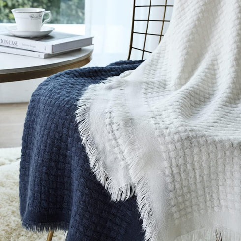 CREVENT Farmhouse Waffle Knit Throw Blanket - Navy Blue, Soft Warm Cozy Lightweight for Couch, Sofa, Chair, Bed