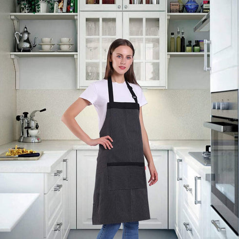 Aprons for Women and Men, Kitchen Chef Apron with 2 Pockets, Adjustable Bib Apron, Black/White Pinstripe