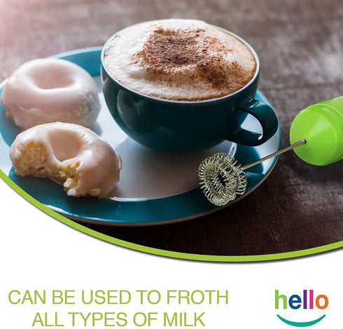HELLO Milk Frother: Handheld Electric Foam Maker for Coffee, Lattes, and Hot Chocolate (GREEN)