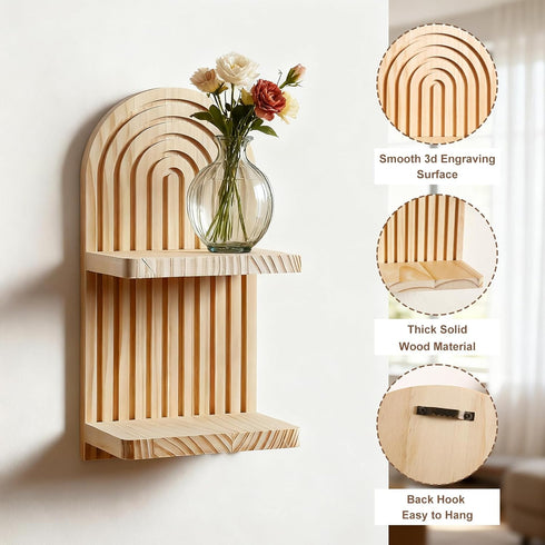2 Pack 2 Artilady Boho Wall Hanging Shelves - Tier Handmade Rainbow Arch Solid Wood Floating Shelf Wall Decor Trinket