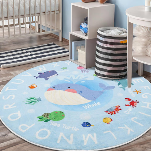 Room,4 Soft Round ABC Rug for Kids ft Washable Circle Nursery Rug,Non-Slip Whale Alphabet Baby Kids Rug Carpet