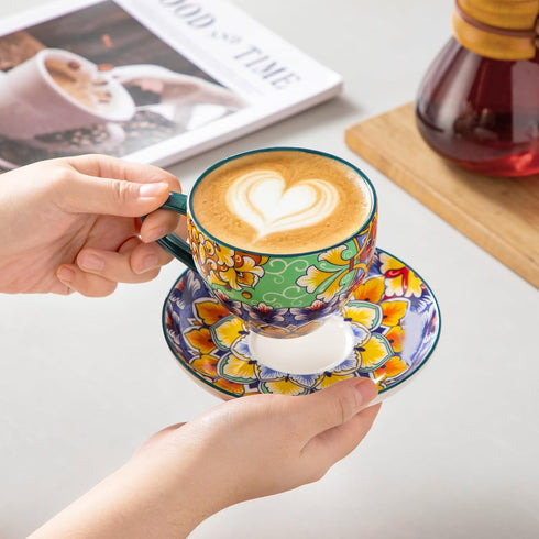 8 oz Set 6, vancasso Cappuccino Cups with Saucers of Bohemian Ceramic Coffee Cup for Latte, Tea, Espresso, Microwave