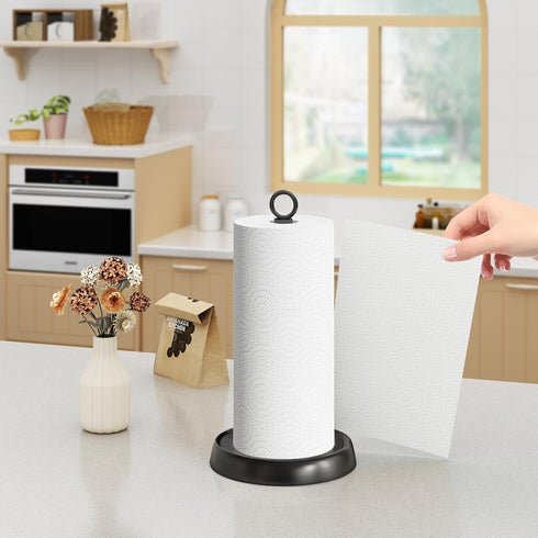 Black Paper Towel Holder for Standard & Jumbo Rolls, Stainless Steel Countertop Stand with Anti-Slip Weighted Base