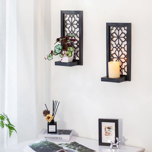 Black Candle Sconces Wall Decor - Gothic Wood Candle Shelves Decor for Plant Display - Halloween Wall Candle Holder