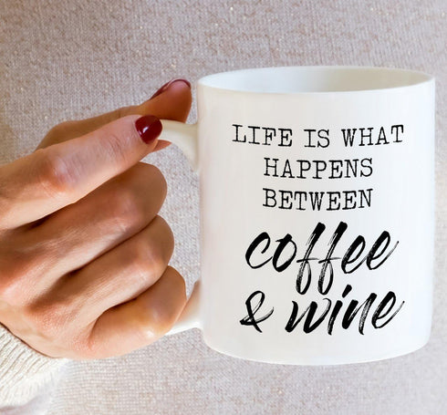 Retreez Funny Mug - Life is What Happens Between Coffee & Wine, 11 Oz Ceramic Coffee Mugs, Funny Birthday Gifts