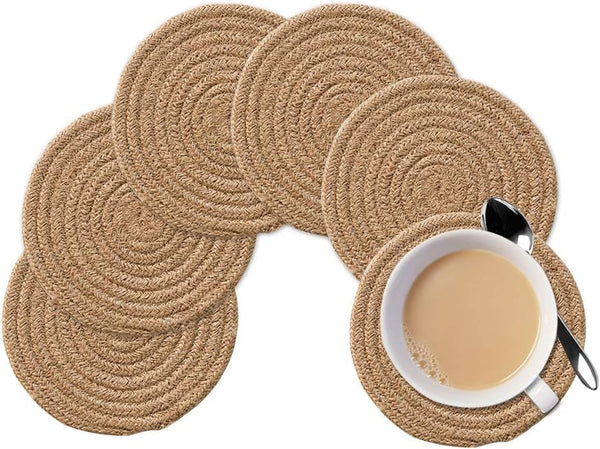 Gracelife 6pcs Cup Mat Set, Pure Cotton Thread Weave Round Drink Hot Pads, Absorbent Coasters (Jute color)