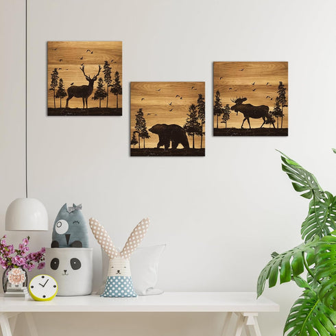 12"x12"x3 Apicoture Bear Elk Moose Wall Pictures Forest Landscape Hunting Theme Woodland Animal Painting Framed Canvas