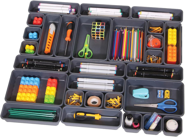 Set of 28 Interlocking Desk Drawer Organizer Tray Dividers for Kitchen, Bathroom, Makeup, Office Storage Bins