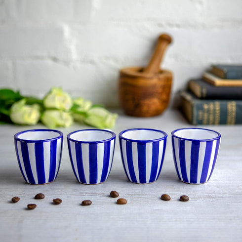 City to Cottage Handcrafted Navy Blue Stripe Ceramic Espresso Cups - Set of 4 for Espresso Machine