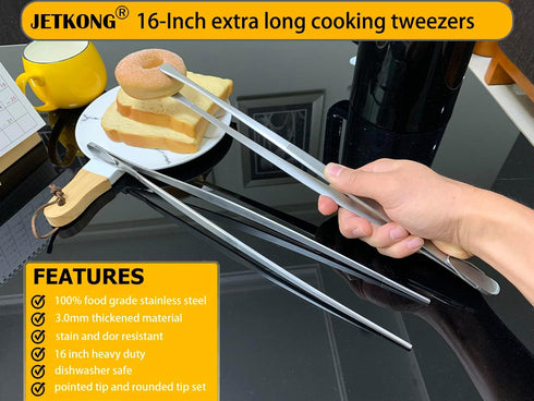 JETKONG 16-Inch Fine Tweezer Tongs - Extra-Long Cooking Tweezer, Stainless Steel Kitchen Tweezers (Round-Tips)