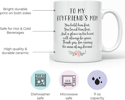 YouNique Designs To My Boyfriends Mom Mug, 11 Ounces, Boyfriend Mom Coffee Mug from Girlfriend (White)