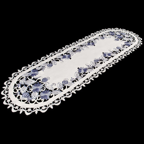 Embroidered Delft Blue Onion Flower Table Runner - Dresser Scarf, Doily (15Wx34L)