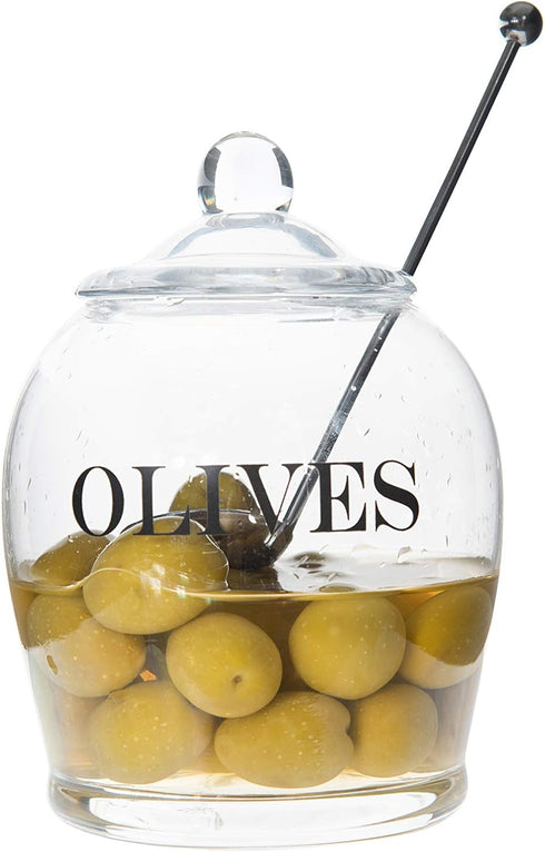 Creative Co-Op Clear Glass "OLIVE" Jar with Lid & Slotted Stainless Steel Spoon – Set of 3 Pieces