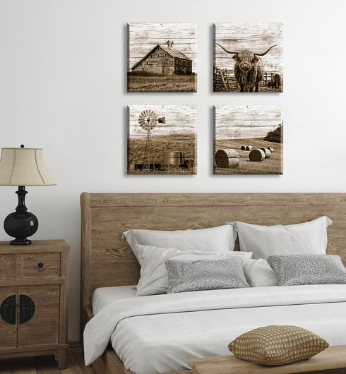DJSYLIFE Highland Cow Wall Art - Rustic Farmhouse Canvas Poster for Men's Bedroom Office - 12" Wx12 Hx4