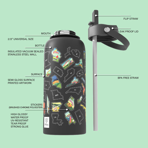 United States Map 32 oz Stainless Steel Water Bottle with Waterproof Stickers and Leak Proof Lid (BLACK)