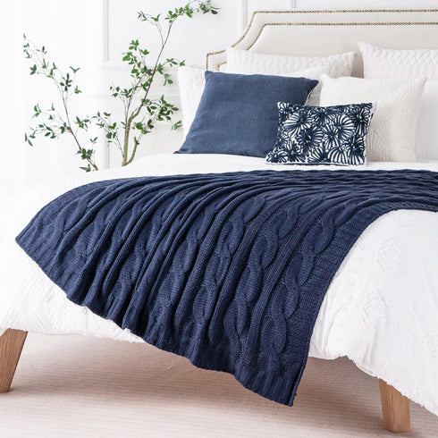 Battilo Navy Cable Knit Throw Blanket, Super Soft Cozy Decorative Knitted Blanket for Couch, Bed, Sofa, Chair 50"x60"