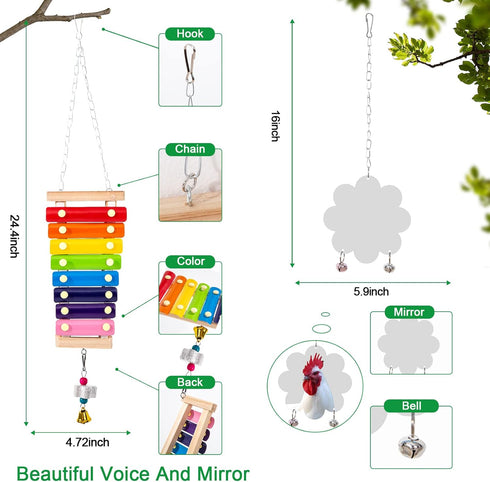 13 Pack Chicken Toys for Coop Accessories - Chicken Xylophone Toy, Chicken Mirror, Chicken Ladder Bridge, Coop Swing