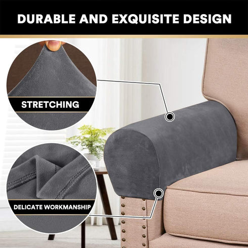 PrinceDeco 4 Pack Thick Velvet Stretch Armrest Covers for Chairs, Sofas & Armchairs - Non Slip, Grey