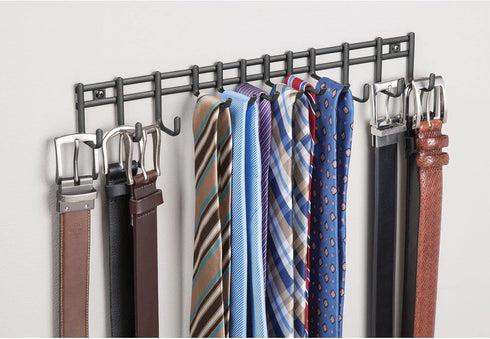 Closet Wall Mount Metal Accessory Organizer and Storage Center mDesign - 12 Hooks, 2 Pack, Matte Black for Ties, Belts,