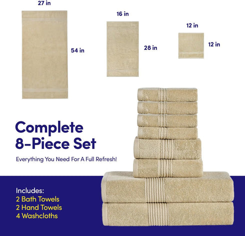 8 Set 100% Bath Towels Piece Towel Combed Cotton Bath + Hand + Washcloths Oeko-TEX Certified Soft & Absorbent Towels